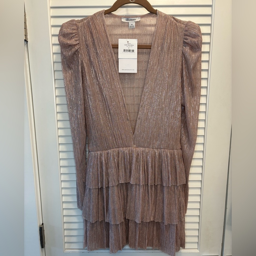 Sabina Musayev Shimmery Rose-Pink Tiered Long Sleeve Dress